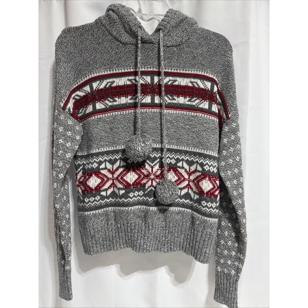 YES LOLA Women's Grey Snowflake Fair Isle Sherpa Lined Hoodie Sweater M‎